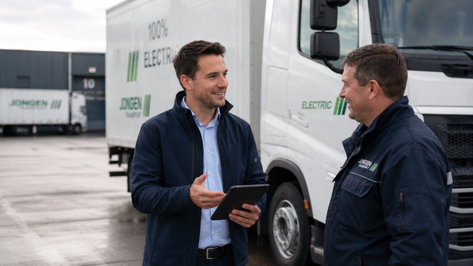 Elektrische vrachtwagen wordt geladen op het depot, met Kobespa-adviseur